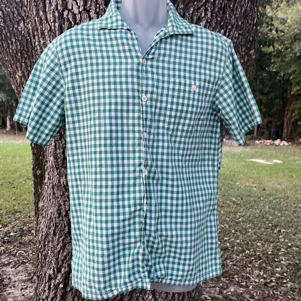 POLO BY RALPH LAUREN MED GREEN WHITE CHECKERED SHORT SLEEVE BUTTON DOWN SHIRT